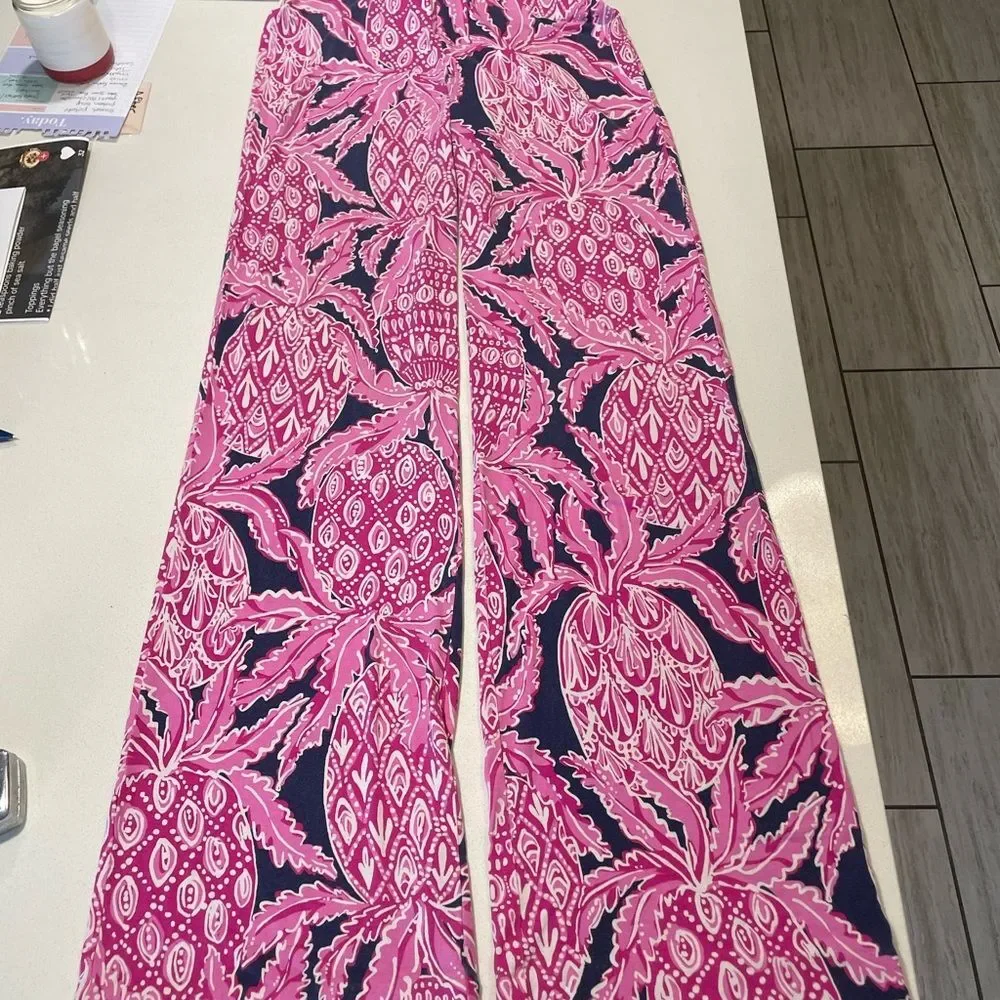 Lilly Pulitzer Pink Pineapple Print Palazzo Pull on elastic waist Pants size XS